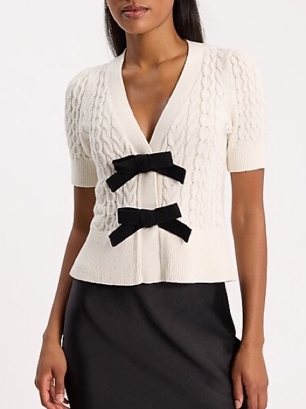 Women’s Express Cable Knit Double Bow Short Sleeve Cardigan Ivory Size L Bnwot